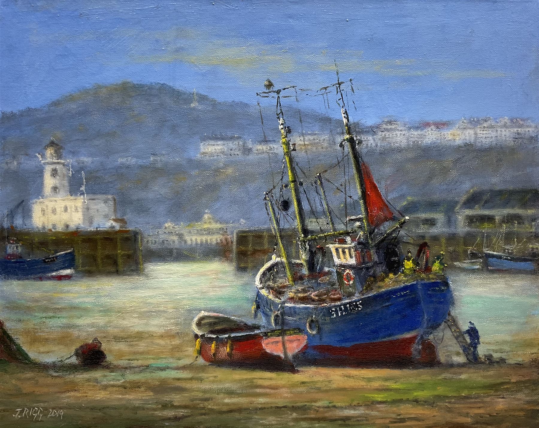 Jack Rigg (British 1927-2023): 'Spring Tide' - Scarborough Harbour, oil on canvas signed and dated 2019, titled verso 41cm x 51cm (unframed)