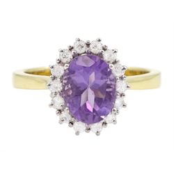 18ct gold oval cut amethyst and round brilliant cut diamond cluster ring, hallmarked