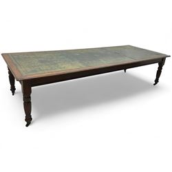 Large 10' 7'' late Victorian oak boardroom table, moulded rectangular top with inset green leather surface, on turned and reed moulded supports with brass and ceramic castors 