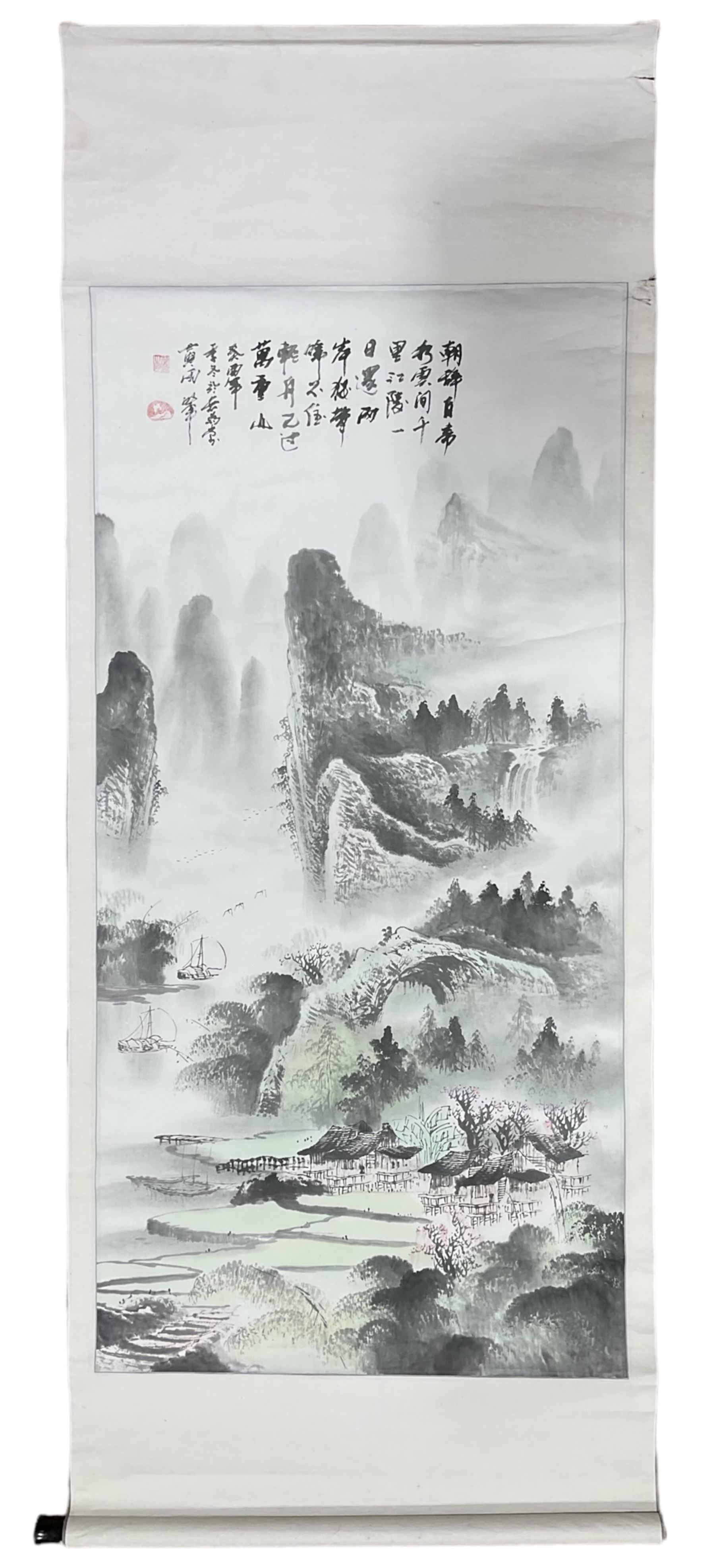 Chinese School (20th century): Mountain Landscape, watercolour scroll painting, with character signature 132cm x 65cm (unframed)