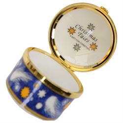 Two Halcyon Days enamel boxes, both for the Royal Wedding of HRH The Price of Wales and Mrs Camilla Parker Bowles, together with Martin & Co silver enamel box, hallmarked and a Royal Worcester box, all in original boxes 