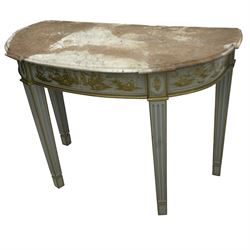 Late 20th century grey painted and Chinoiserie decorated demi-lune console table, moulded variegated marble top, the frieze rails decorated with traditional pagoda scenes in raised gilt work, on square tapering fluted supports 