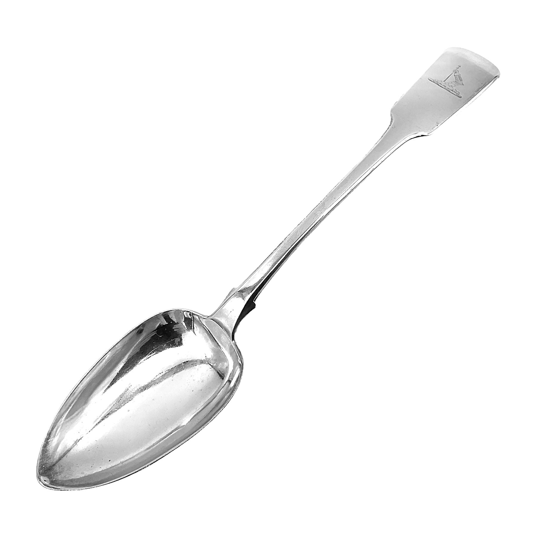 George III Exeter silver Fiddle pattern serving spoon, the terminal engraved with crest of a fist holding an arrow, hallmarked George Turner, Exeter 1816, L29cm