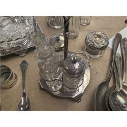 Silver plate, including Walker & Hall four piece faceted glass cruet set on stand, cutlery, glass jars, sugar caster and a twin serving dish