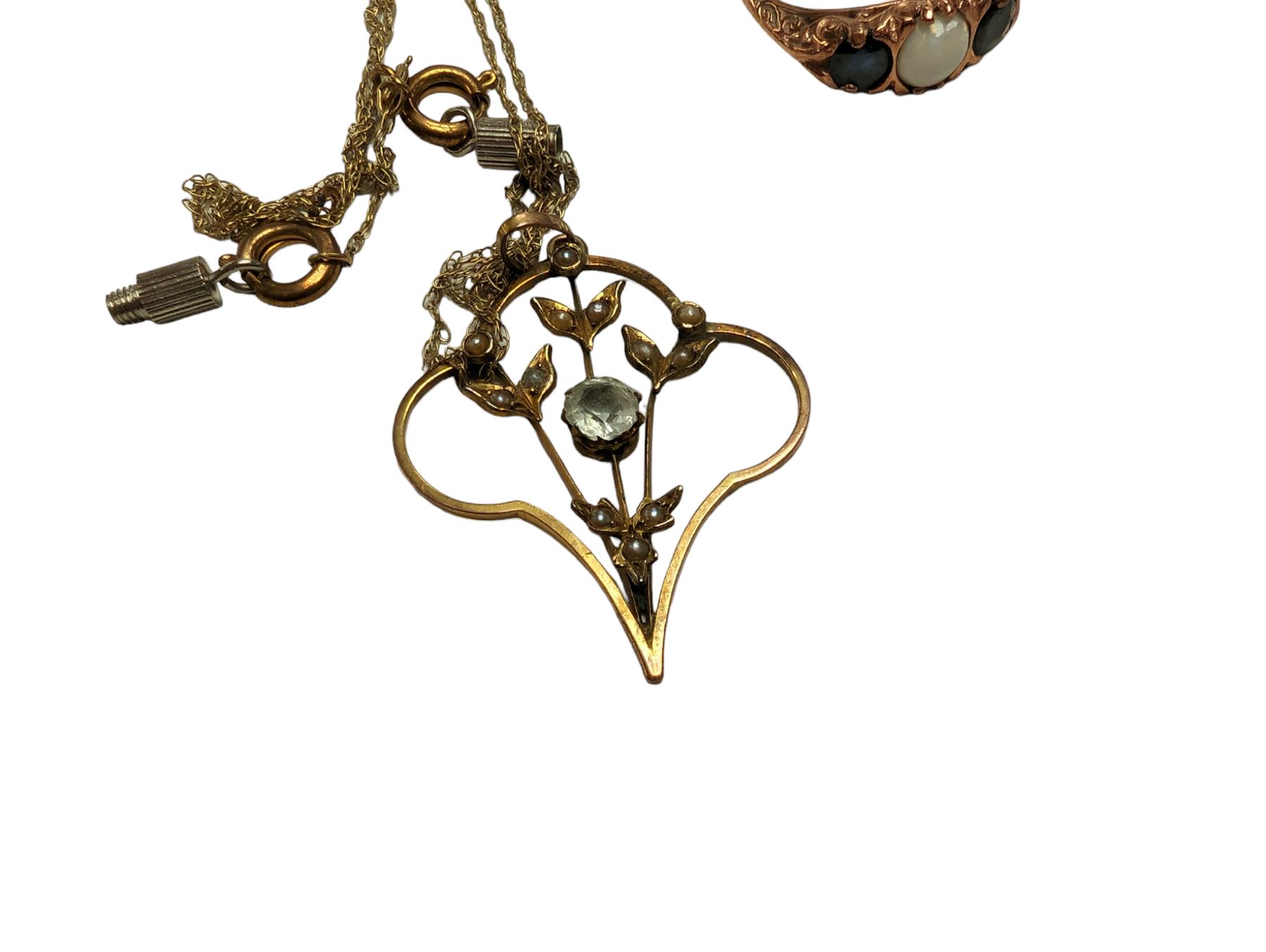 9ct gold Edwardian stone set pendant and brooch, together with a 9ct gold opal and sapphire ring