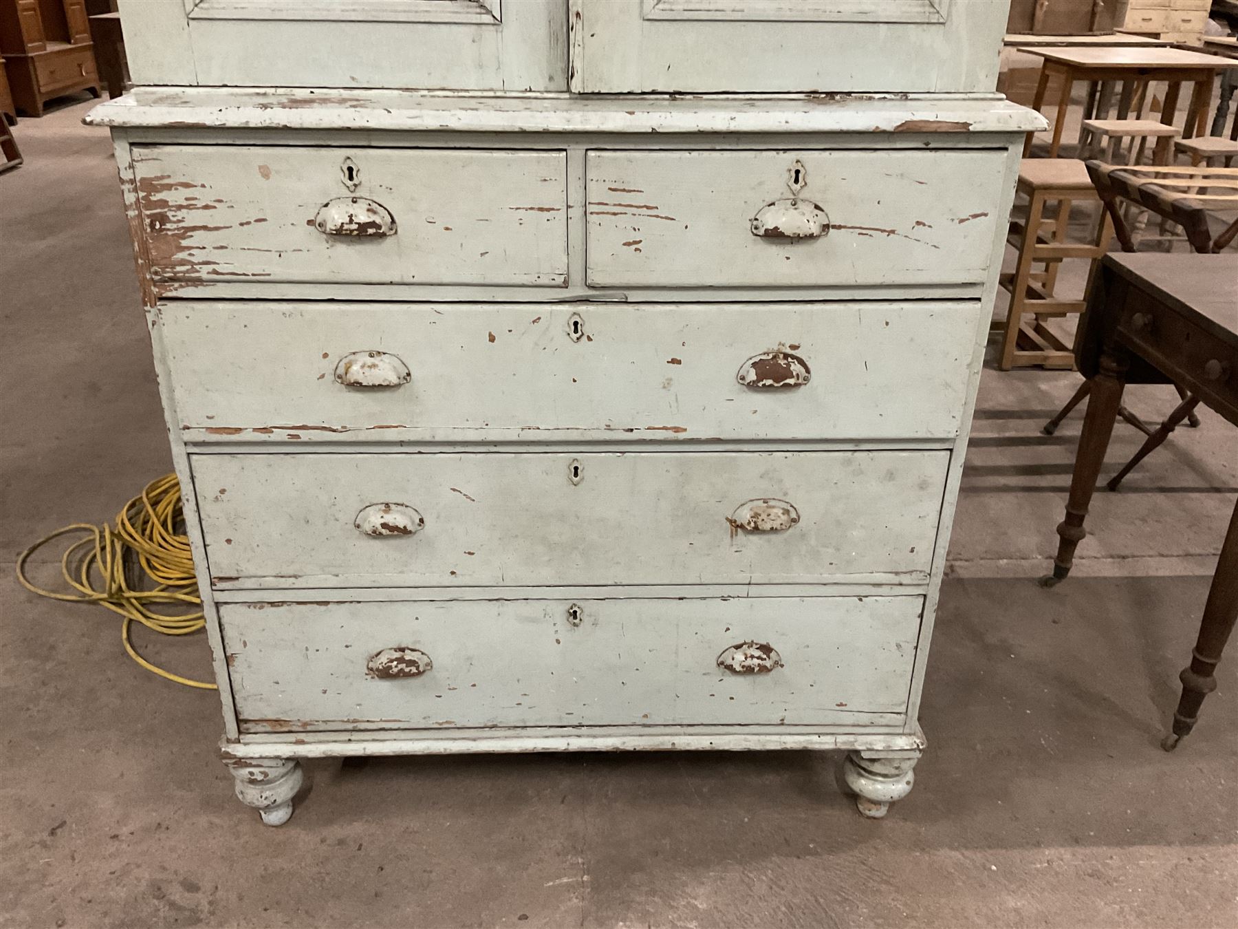 19th century pale blue painted pine housekeepers cupboard, double panelled cupboard enclosing two shelves over two short and three long drawers, on turned feet - THIS LOT IS TO BE COLLECTED BY APPOINTMENT FROM THE OLD BUFFER DEPOT, MELBOURNE PLACE, SOWERBY, THIRSK, YO7 1QY