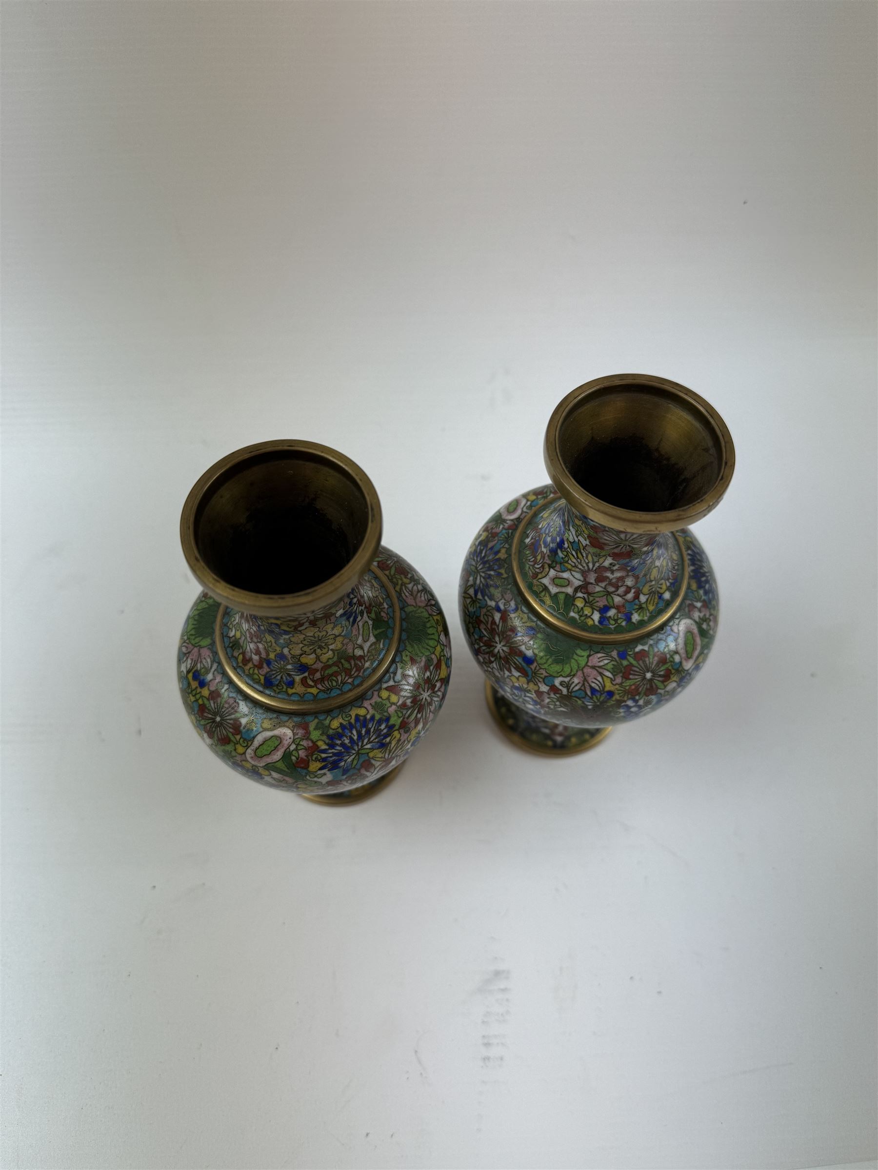 Pair of cloisonne vases of baluster form, decorated with flowers, H16cm