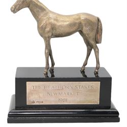 'The Heathorn Stakes, Newmarket 1981' - Silver model of a standing horse on ebonised plinth with silver plaque H20cm x W18cm London 1978 Maker Wakely & Wheeler