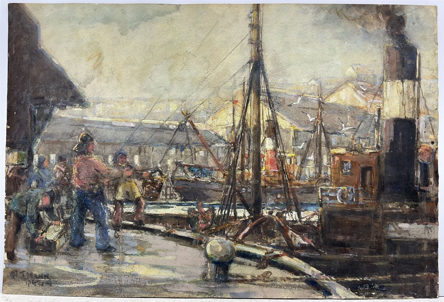 William J Mann (Scarborough mid 20th century): Steam Trawlers by the Fish Quay Scarborough, watercolour signed and dated '49, with a study of shipping verso 30cm x 45cm
Notes: Mann was a member of the Fylingdales Group of Artists and lived in Newby, Scarborough.