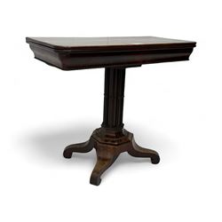 Victorian mahogany tea table, rectangular fold-over and swivel action top with rounded cor...