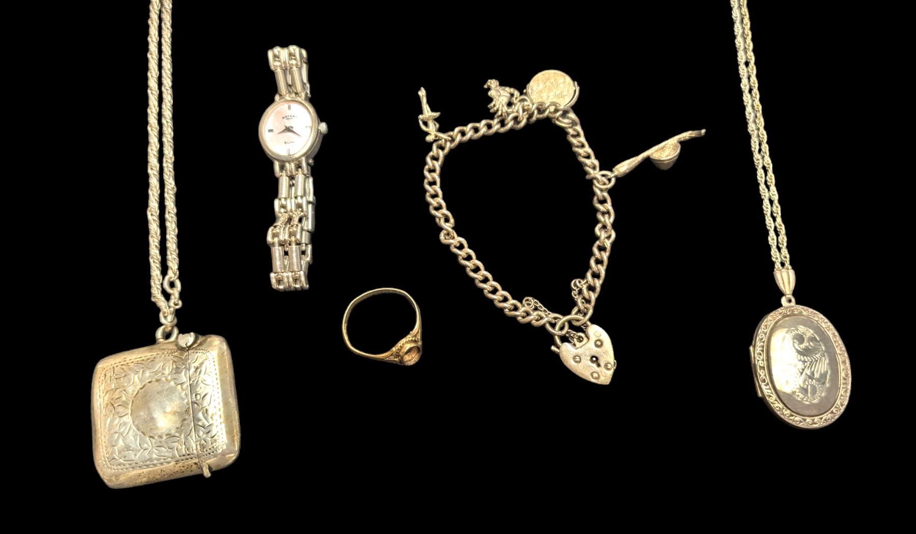 9ct gold ring shank and silver jewellery, including charm bracelet, locket necklace and a vesta case on chain, together with a rotary wristwatch