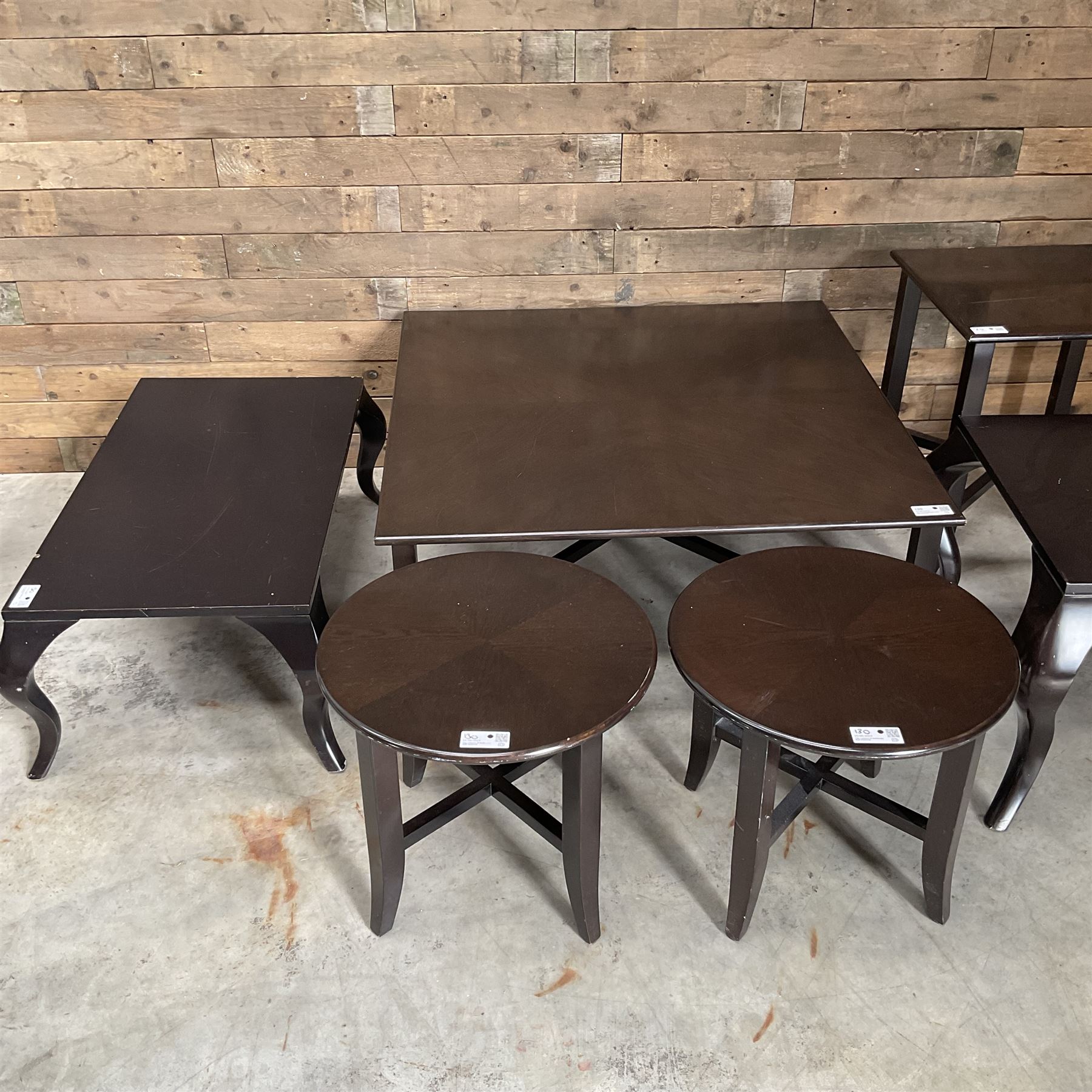 Large square rosewood coffee table, two matching circular tables and lamp table; and a rectangular coffee table and matching lamp table