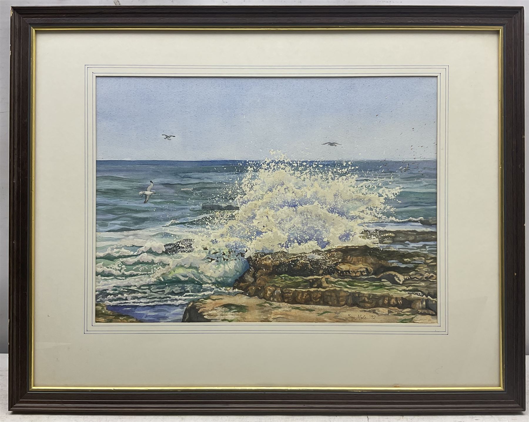 Toni Mole (British 20th Century): Waves Against the Rocks, watercolour signed and dated '92, 32cm x 44cm