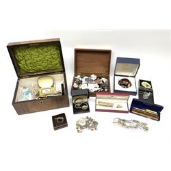 A collection of Vintage and later costume jewellery and wrist watches, to include a ladies Bulova bark effect watch, a silver brooch, hallmarked London import, boxed Webb Corbett paperweight, small Swarovski figure, together with a 19th century burr walnut box, a smaller brass bound mahogany box, etc. 