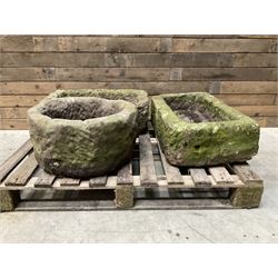 Two rectangular stones troughs (W80cm, D41cm, H22cm & W70cm, D42cm, H23cm) and a circular ...