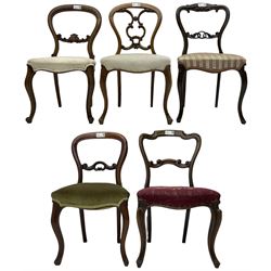 Mixed set of five Victorian chairs - Victorian rosewood dining chair with foliage carved cresting rail; Victorian mahogany balloon back dining chair with foliage carved middle rail; Victorian walnut balloon back dining chair with C-scrolled back; Victorian walnut dining chair with ring and curled leaf carved middle rail; Victorian mahogany balloon back dining chair with C-scroll and foliage carved middle rail (5)