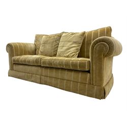 Duresta England - two-seat sofa, upholstered in pale gold fabric, traditional shape with rolled arms