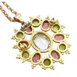 9ct gold oval cut aquamarine, pink tourmaline and peridot pendant, on 9ct rose gold belcher link chain necklace