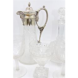 Glassware, to include silver plate mounted claret jug, the tapering body with alternating octagonal and hobnail cut and engraved rose vine panels, and silver plated collar, cover and handle with mask spout, H28cm, together with a 19th century rummer with part facet cut bowl with diamond cut band beneath rim, H13.cm, 19th century cut glass decanter with later stopper, and pair of later wine glasses with etched decoration to bowls and reeded stems, H15.5cm