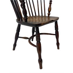 19th century yew wood and elm Windsor armchair, low double hoop stick and pierced splat back, dished seat on turned supports united by crinoline stretchers