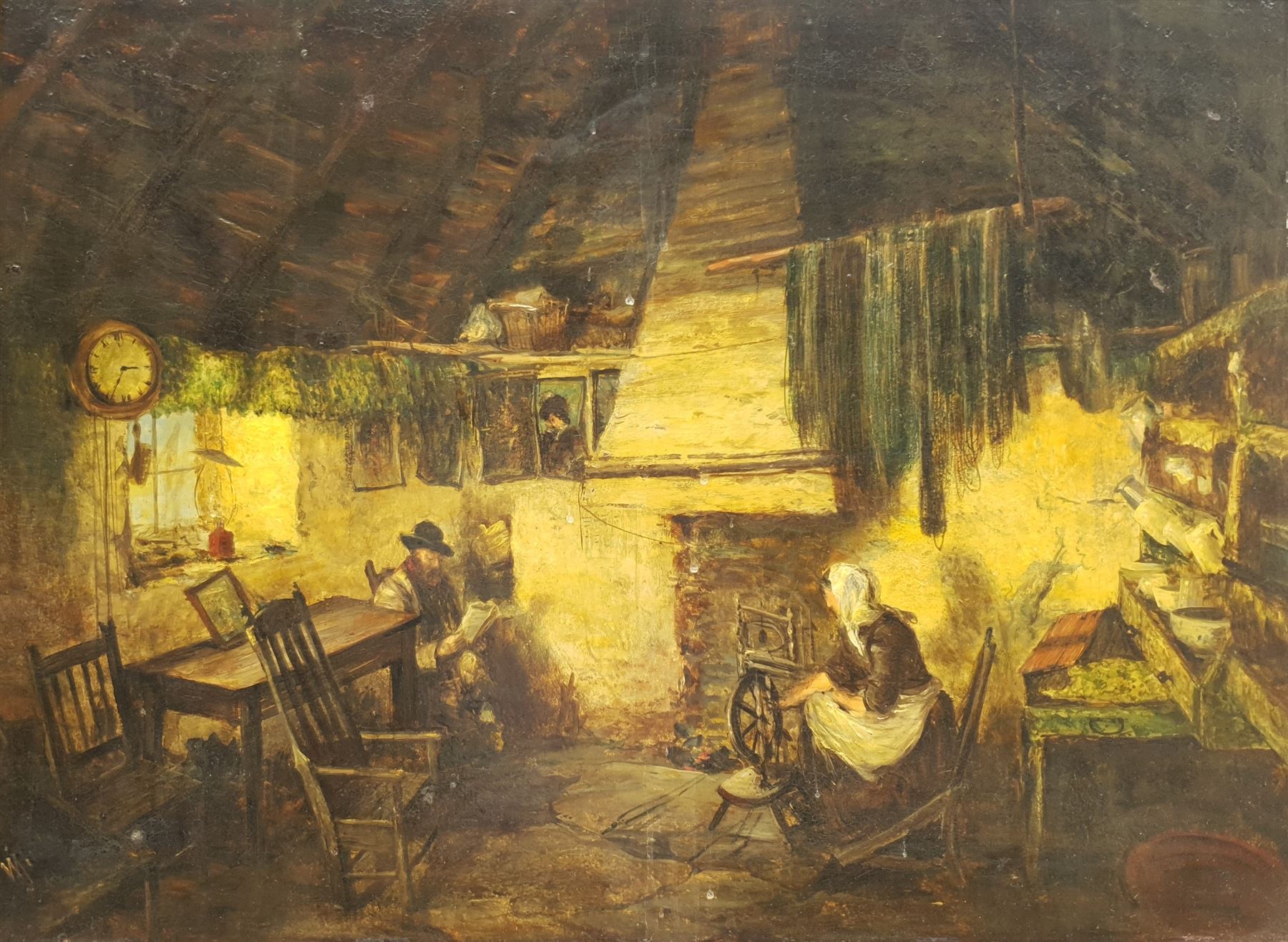 English School (19th century): Spinning Yarn in a Cottage Interior, oil on board indistinctly signed 43cm x 58cm