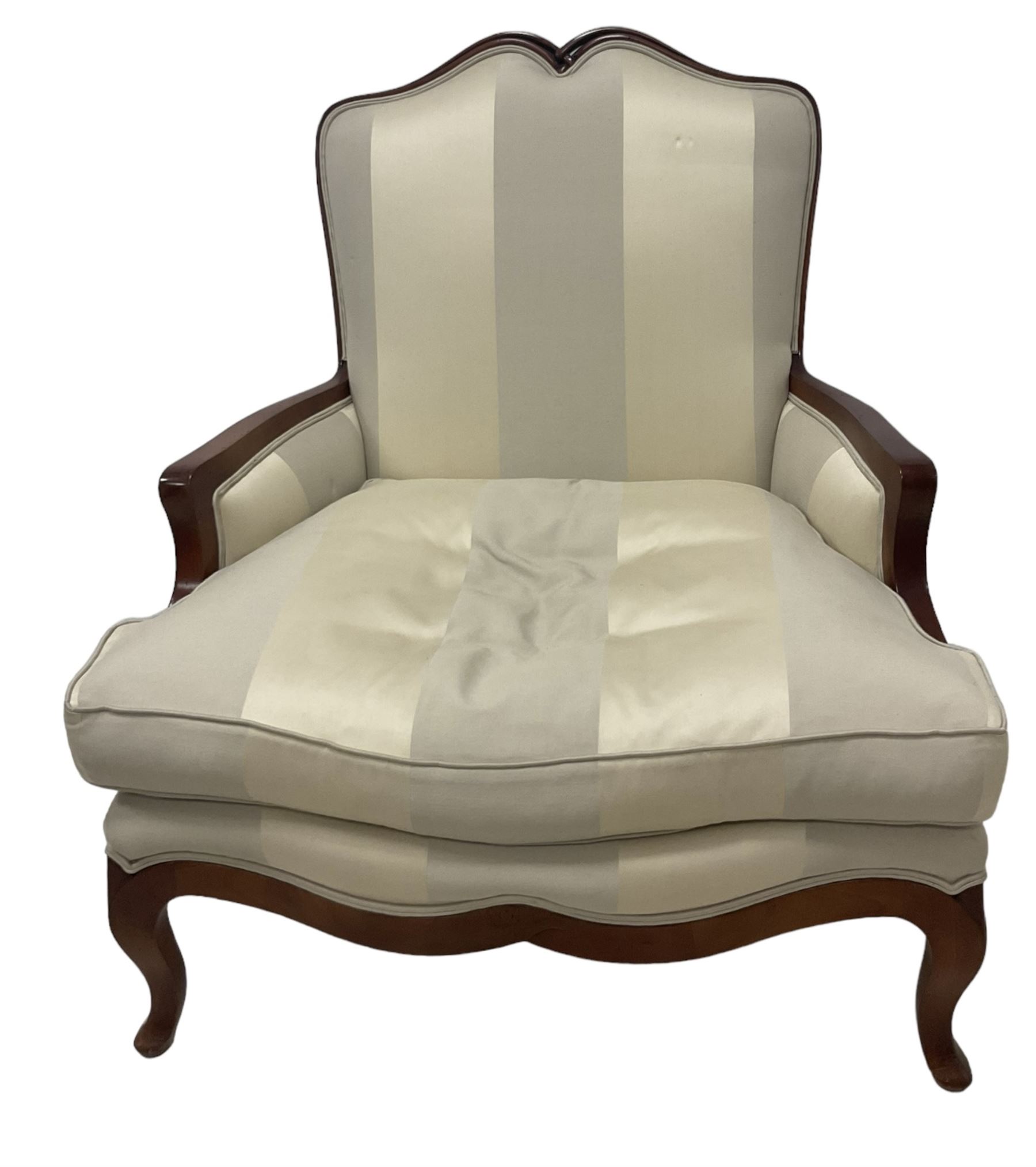 Duresta - French design hardwood-framed wide-seat armchair, shaped cresting rail over curved arms, upholstered in two-tone off-white striped fabric with loose seat cushion, shaped apron and cabriole feet 