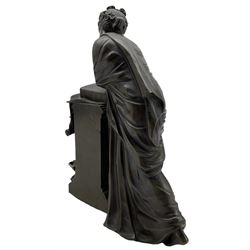 19th century French bronze sculpture of a Classical female muse leaning against a pedestal applied with a book, unsigned, numbered verso 2783, H26cm