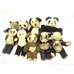 Seven English panda bears c1930s-50s including two Pedigree with plastic dog type noses H11.5