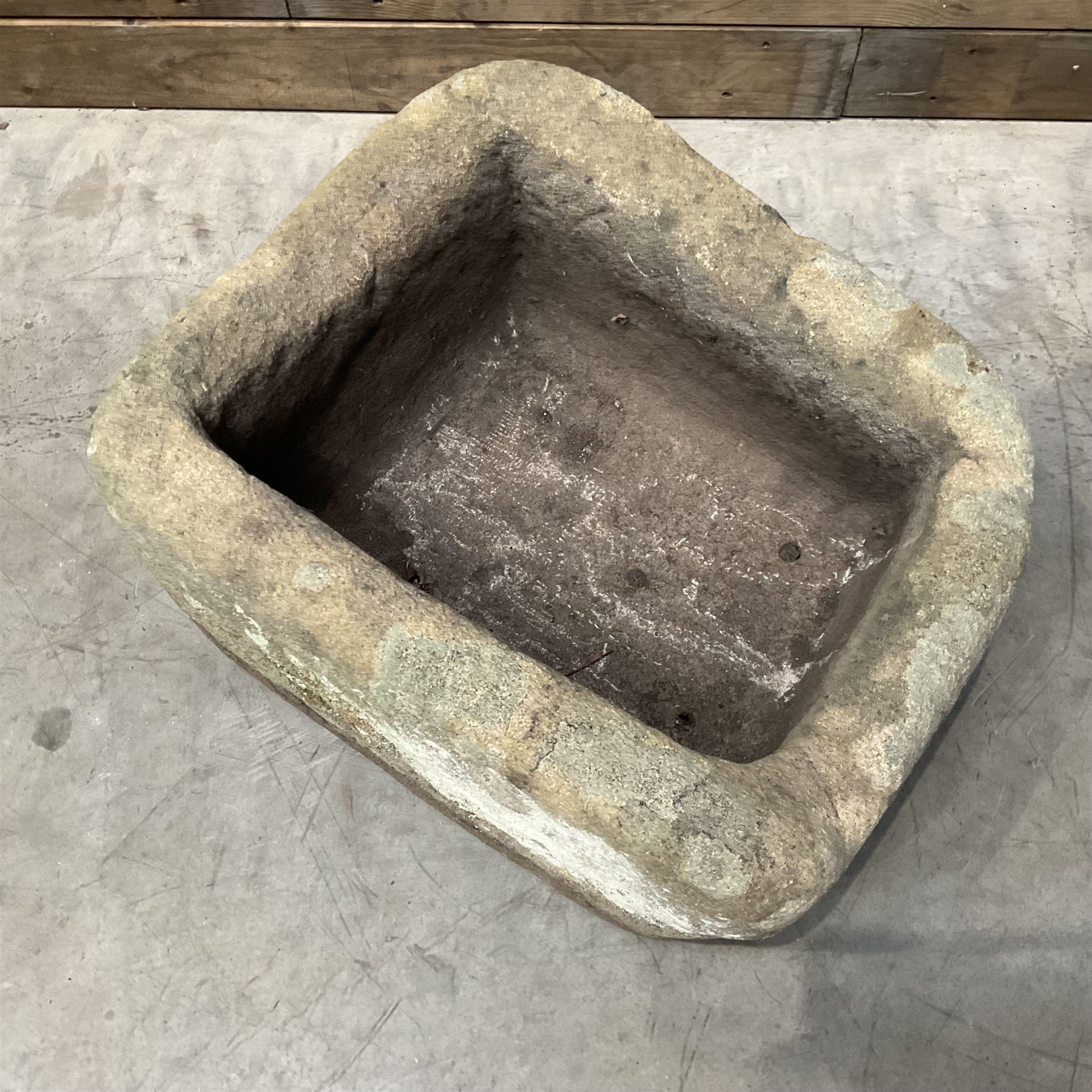 Small 19th century square stone trough and a cast stone bird bath