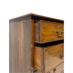 George III mahogany chest, moulded rectangular top over two short and three long cock-beaded drawers, fitted with brass swan neck handles and circular plates, on bracket feet