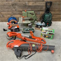 Flymo electric garden vac, DeWalt scroll saw, bench grinder, Polti steam cleaner, extension reel and other tools