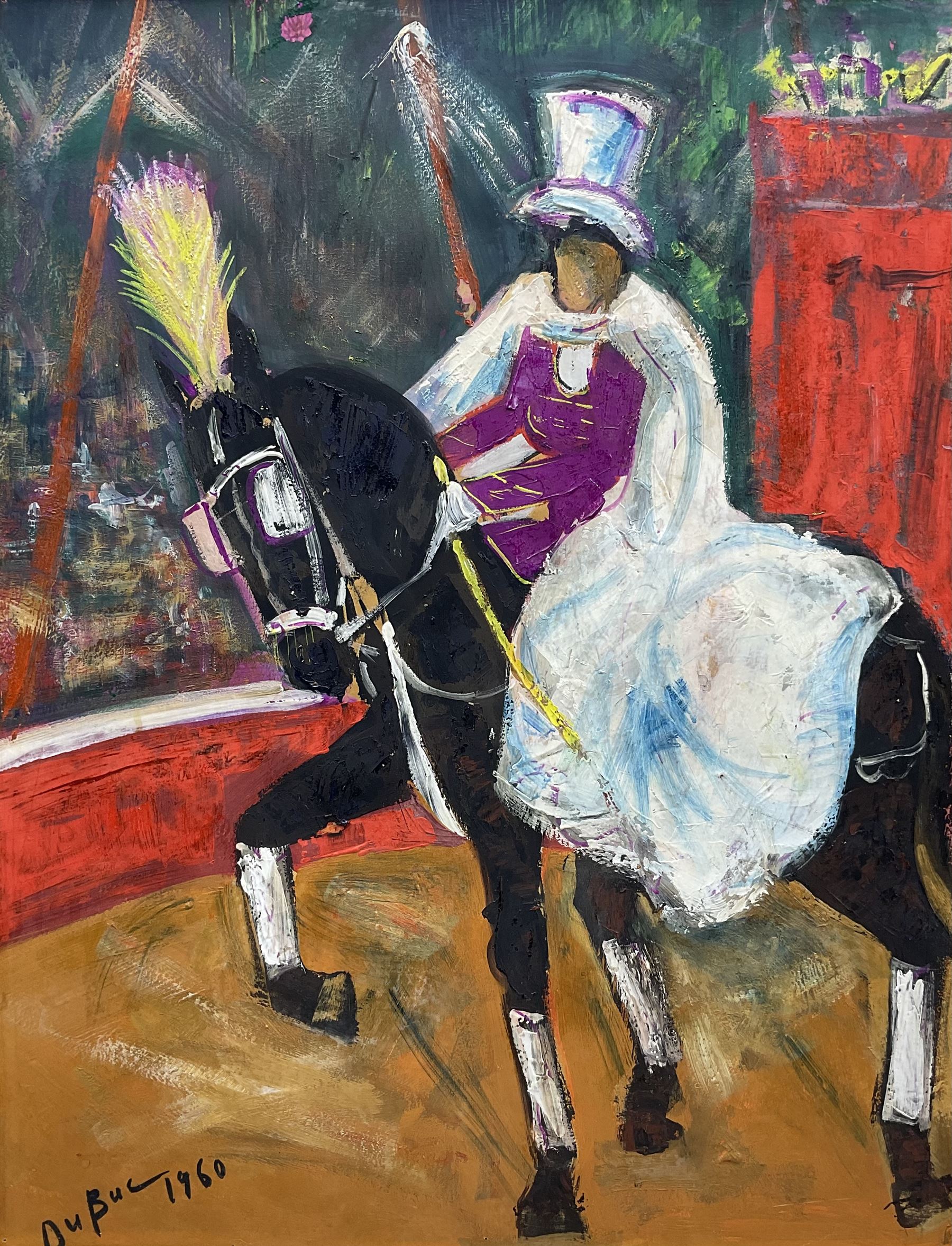 Roland Dubuc (French 1924-1998): Equestrian Circus Performer, mixed media on paper signed and dated 1960, 62cm x 47cm
Notes: Dubuc after having divorced, left for Le Havre where he met the painters Friboulet and Pailhes. He sold a few paintings at the HAMON gallery and lived from day to day doing a bit of everything to survive, including circus clown (which had been his father's profession)  
 
