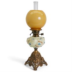 Art Nouveau oil lamp, with floral stylized moulded reservoir and similar style pierced metal base, H61cm