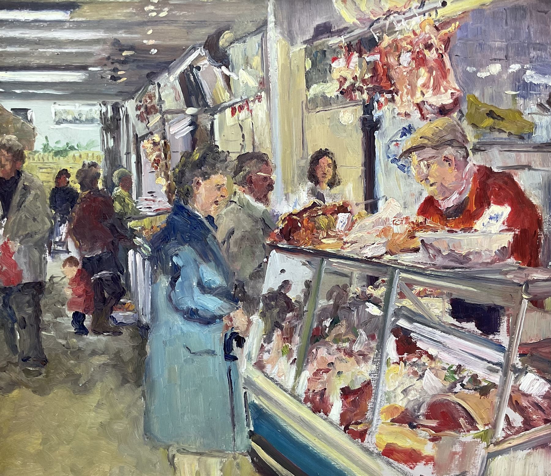 Catherine Tyler (British 1949-): 'Brighton Market Butcher', oil on board signed and dated '94, titled verso 41cm x 48cm