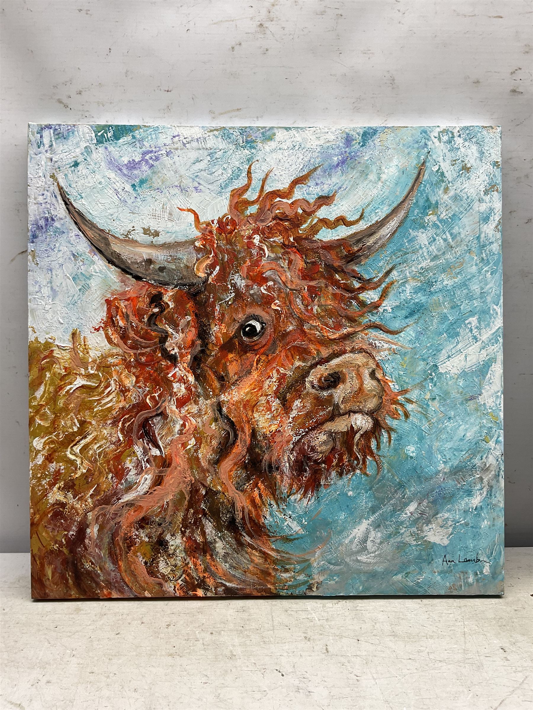 Ann Lamb (British 1955-): Windswept Highland Cow, mixed media on canvas signed 48cm x 48cm