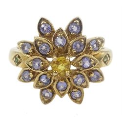 9ct gold tanzanite and single stone citrine flower cluster ring, with emerald set shoulders