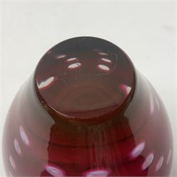 Stuart Akroyd tapering glass vase, purple banded top and cranberry red lower section with bubble inclusions, with sticker and engraved signature beneath, H19cm