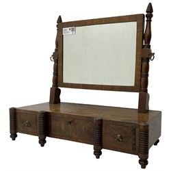 19th century mahogany dressing table mirror, rectangular plate, fitted with three trinket drawers, on ring turned uprights and supports