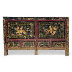 19th century Chinese Qing dynasty painted elm cupboard, Shanxi province, two double cupboards enclosed by doors painted with figure and flower heads, fitted with four small drawer, on stile supports 