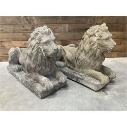 Pair of large cast stone Langport recumbent garden lions, rectangular plinth base