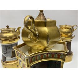 Three 19th century continental teapots and warmers, the first teapot upon a hexagonal warming base, painted with figures in period dress, the second pained with Neapolitan and the third decorated with landscapes, largest H28cm 