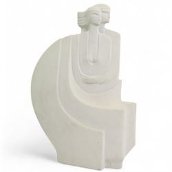 Marbell Stone Art Belgium, Art Deco-inspired bust of a female figure and another figural group, H39.5cm max (2)