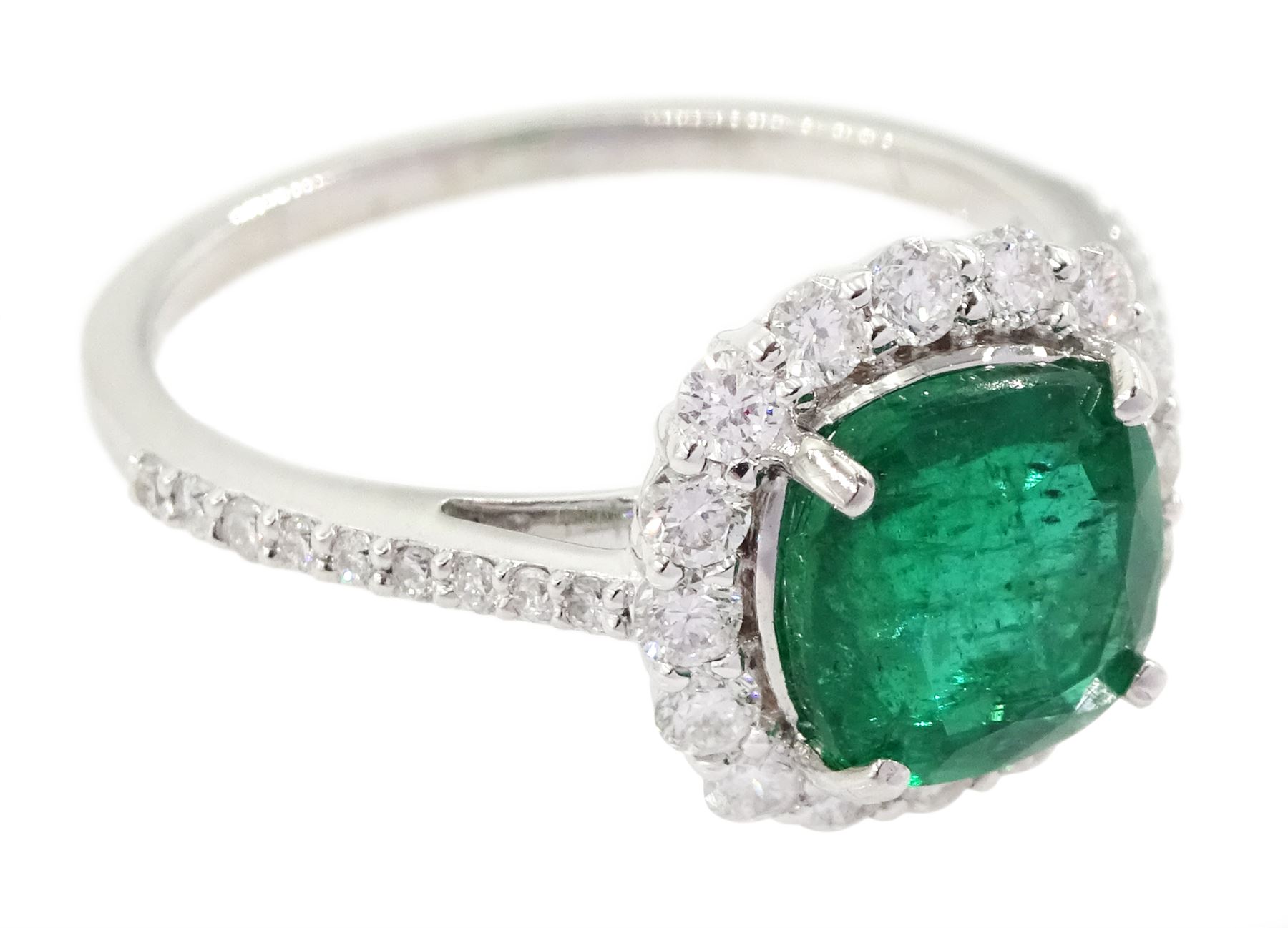 18ct white gold cushion cut emerald and round brilliant cut diamond cluster ring, stamped 750, emerald approx 1.85 carat, total diamond weight approx 0.55 carat