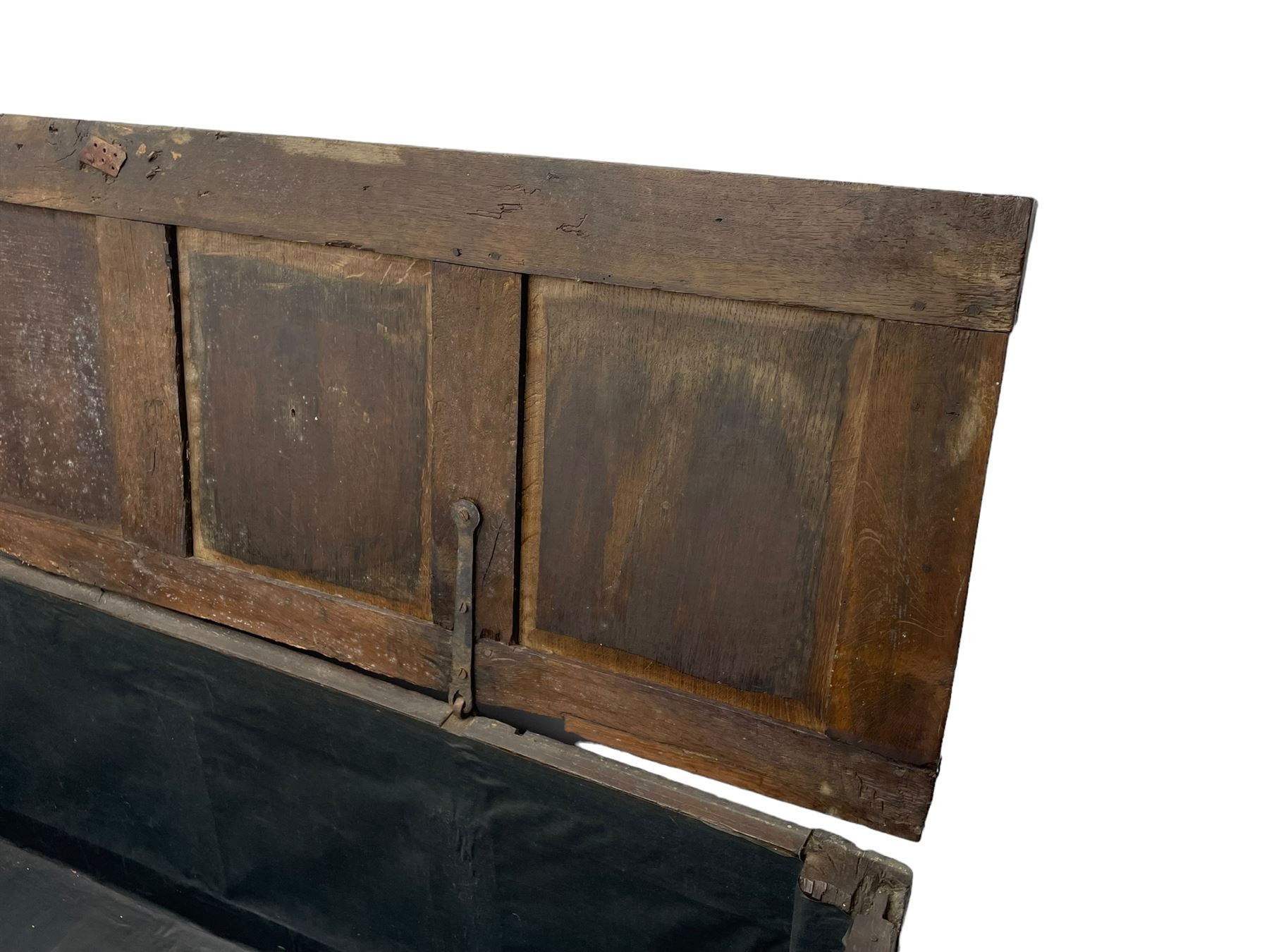 17th century panelled oak blanket chest or kist, quadruple panelled hinged lid over quadruple panelled front, moulded frame and pegged construction, on stile supports