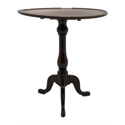 19th century mahogany tripod table, circular dished top on vasiform pedestal, three out-splayed supports 