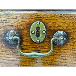 George III oak chest, rectangular top over frieze with inlaid with inscription panels 'Mary Rees' and fan motifs, frieze drawer over two short and three long graduating drawers, fitted with brass swan-neck handles and oval escutcheons, on bracket feet