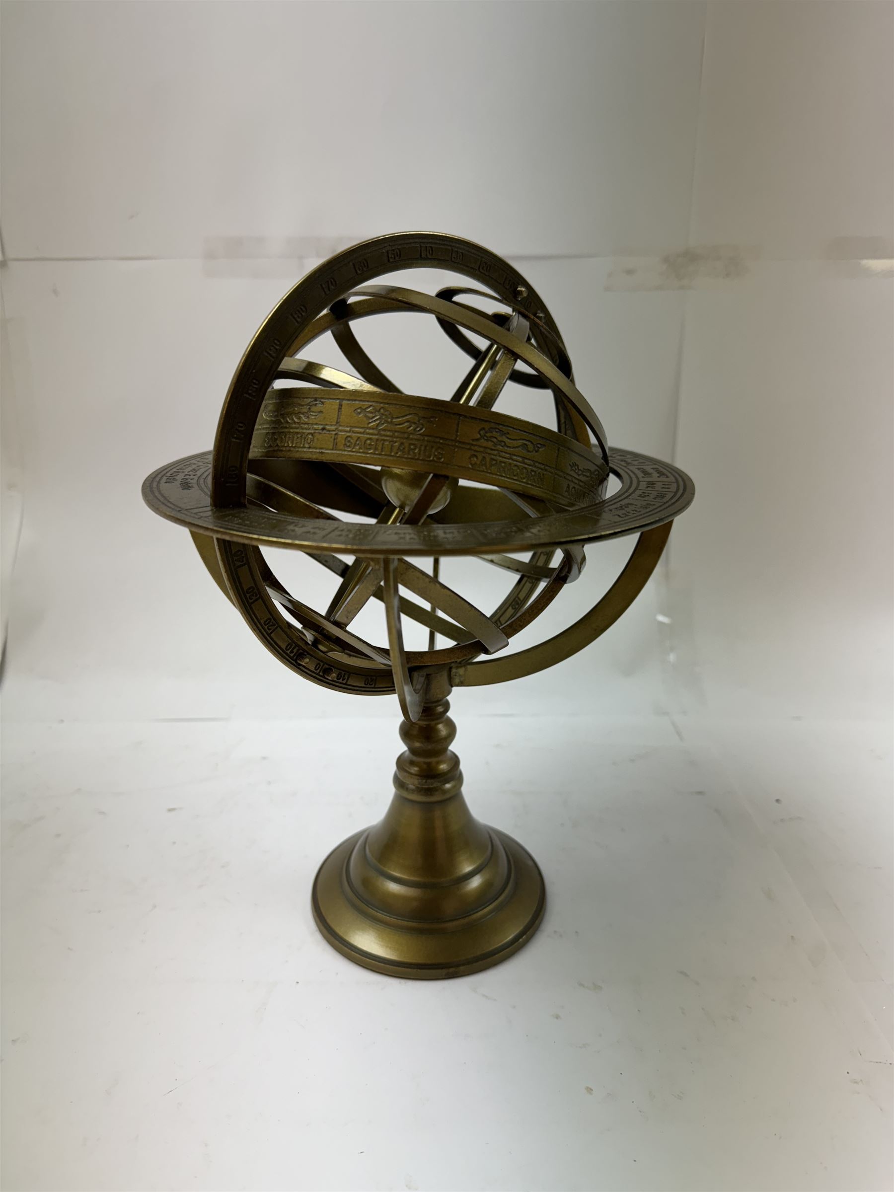 Brass table top globe armillary sphere, H26cm