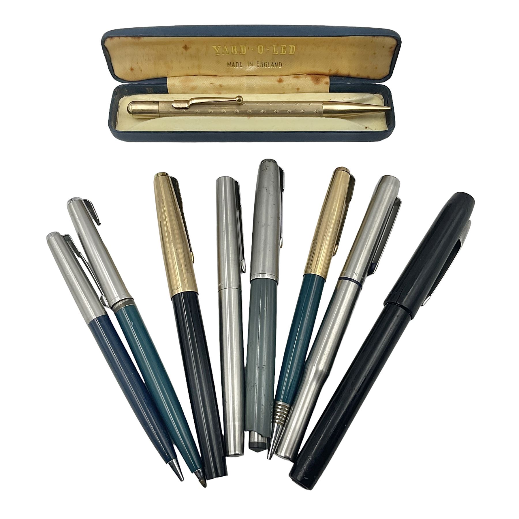 Yard O Led silver propelling mechanical pencil, hallmarked together with another pencil and pens