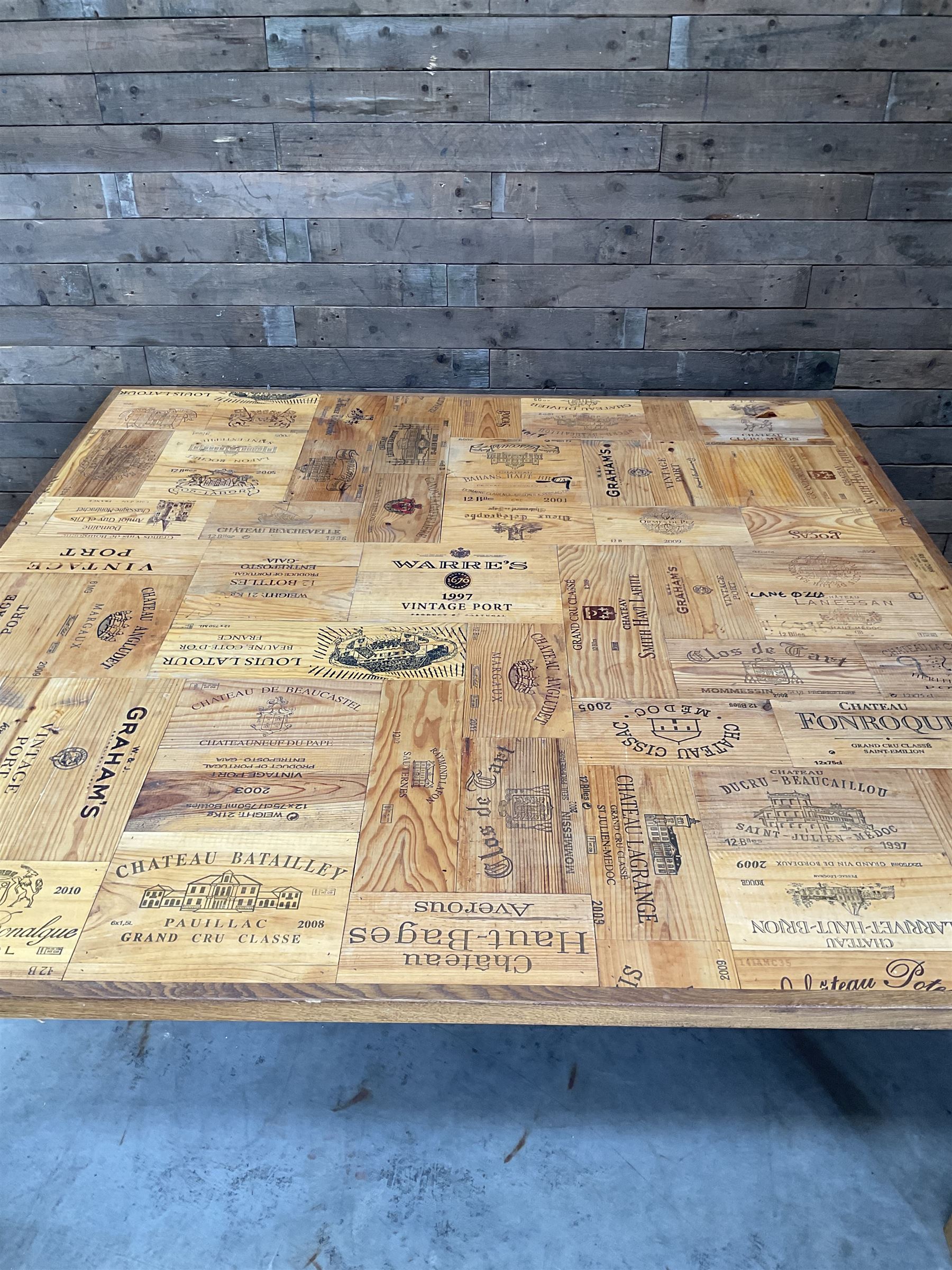 Square centre dining centre table, parquetry wine crate top with oak edging, on beech legs