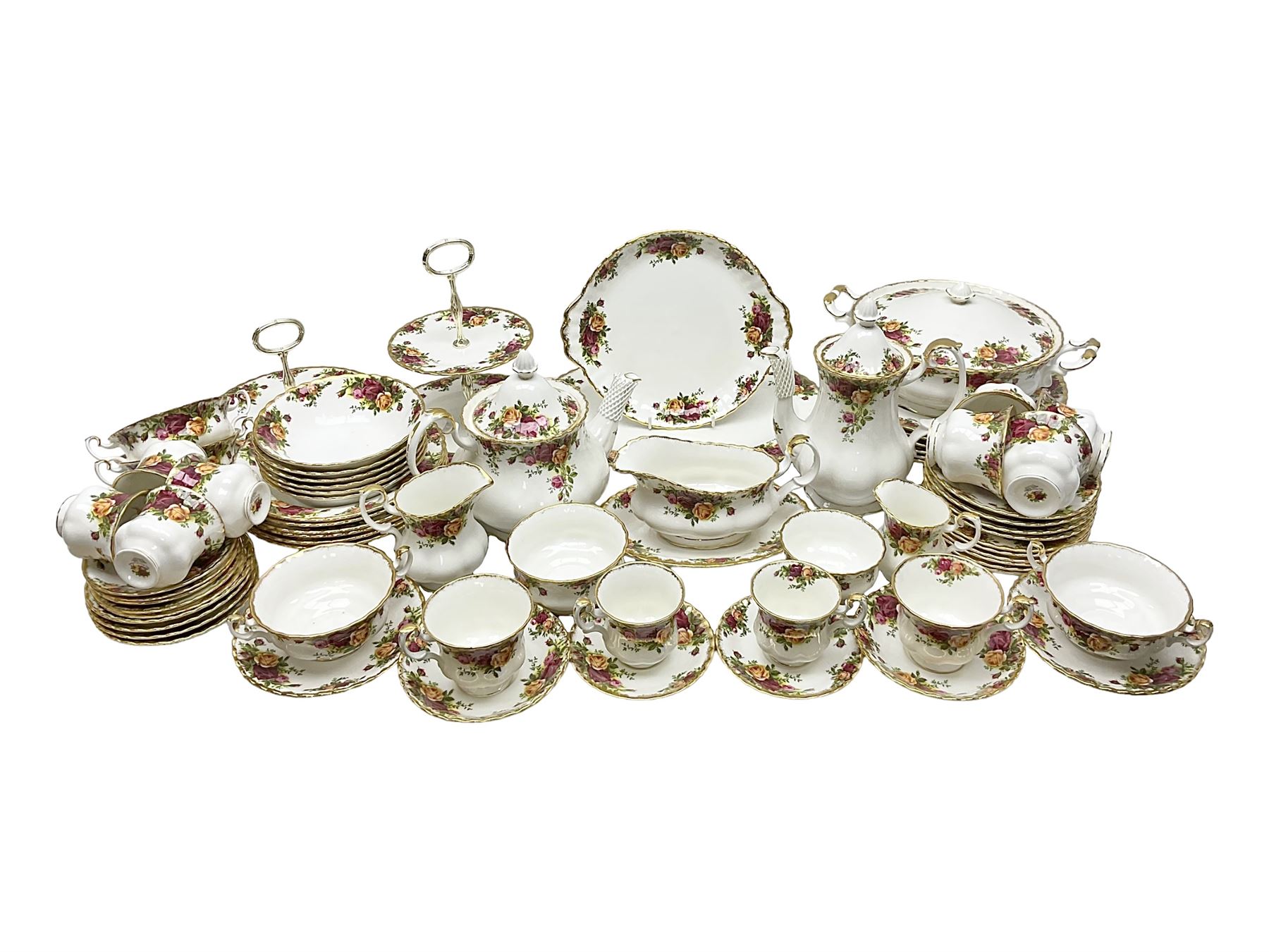 Royal Albert Old Country Roses pattern tea and dinner service, including teapot, coffee pot, two milk jugs, two open sucriers, six teacups and saucers, six dinner plates, six soup bowls, etc  